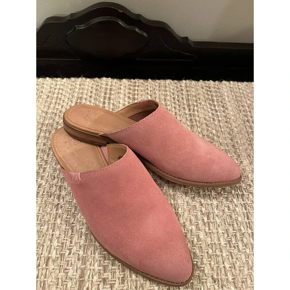 NWOB Frye & Co. Fenn Pink Suede Mules Size 7 M Slip On Almond Toe Western Casual